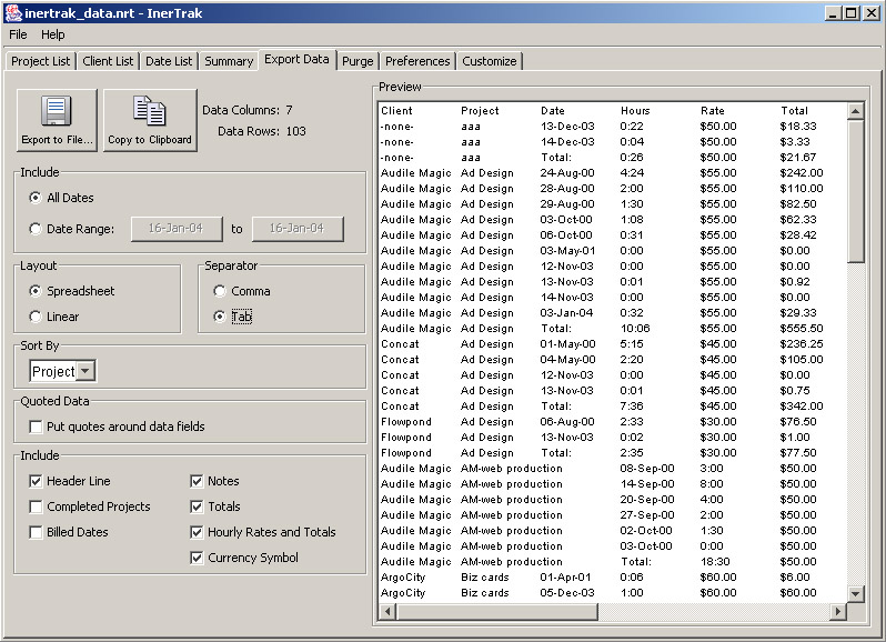 InerTrak project task tracking data export