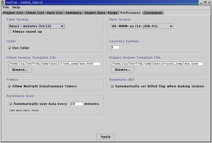 InerTrak time tracking preferences