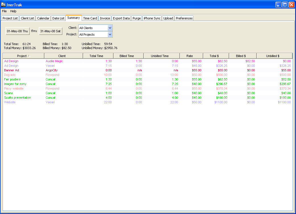 InerTrak time tracking summary